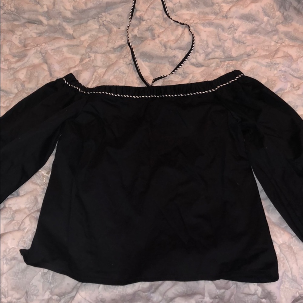 Alexis off the shoulder black top with neck tie